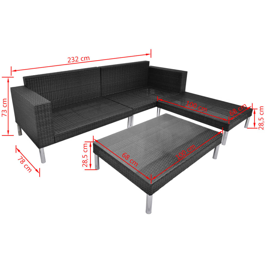 4 pcs conjunto lounge de jardim c/ almofadões vime PE preto
