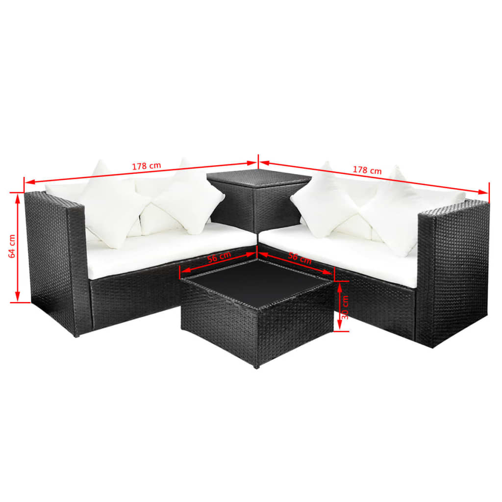 4 pcs conjunto lounge de jardim c/ almofadões vime PE preto