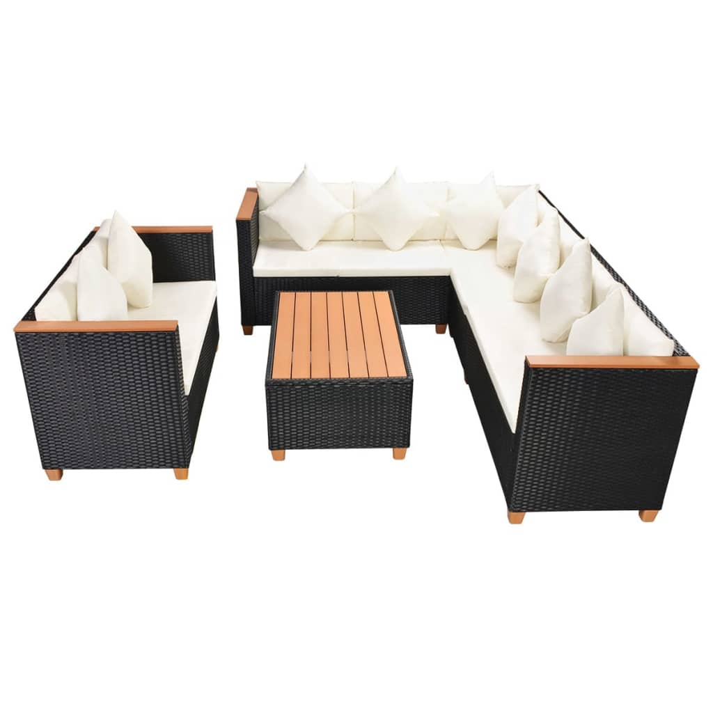 5 pcs conjunto lounge de jardim c/ almofadões vime PE preto