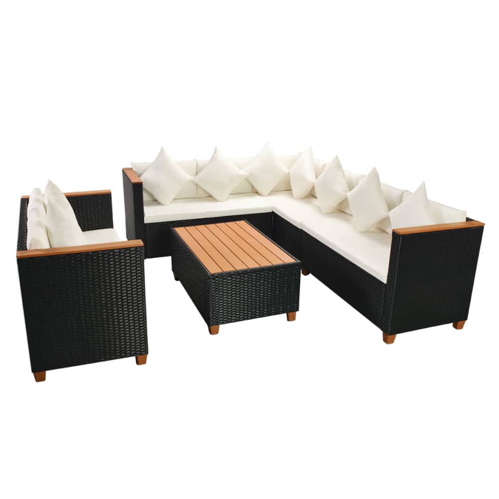 5 pcs conjunto lounge de jardim c/ almofadões vime PE preto