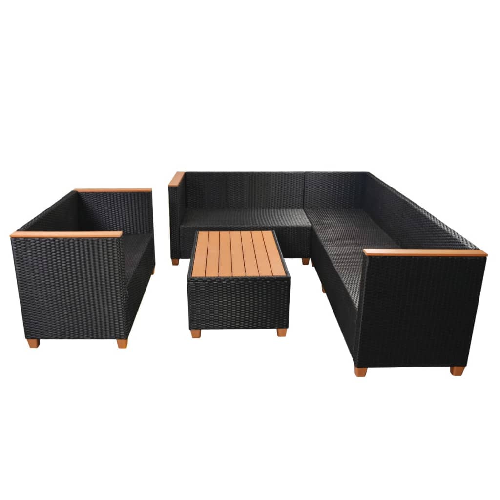 5 pcs conjunto lounge de jardim c/ almofadões vime PE preto