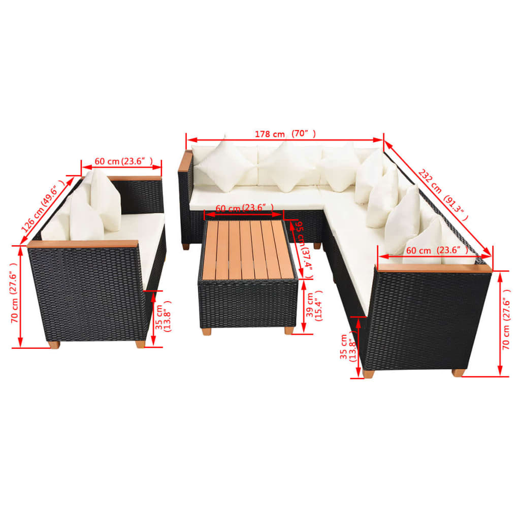 5 pcs conjunto lounge de jardim c/ almofadões vime PE preto