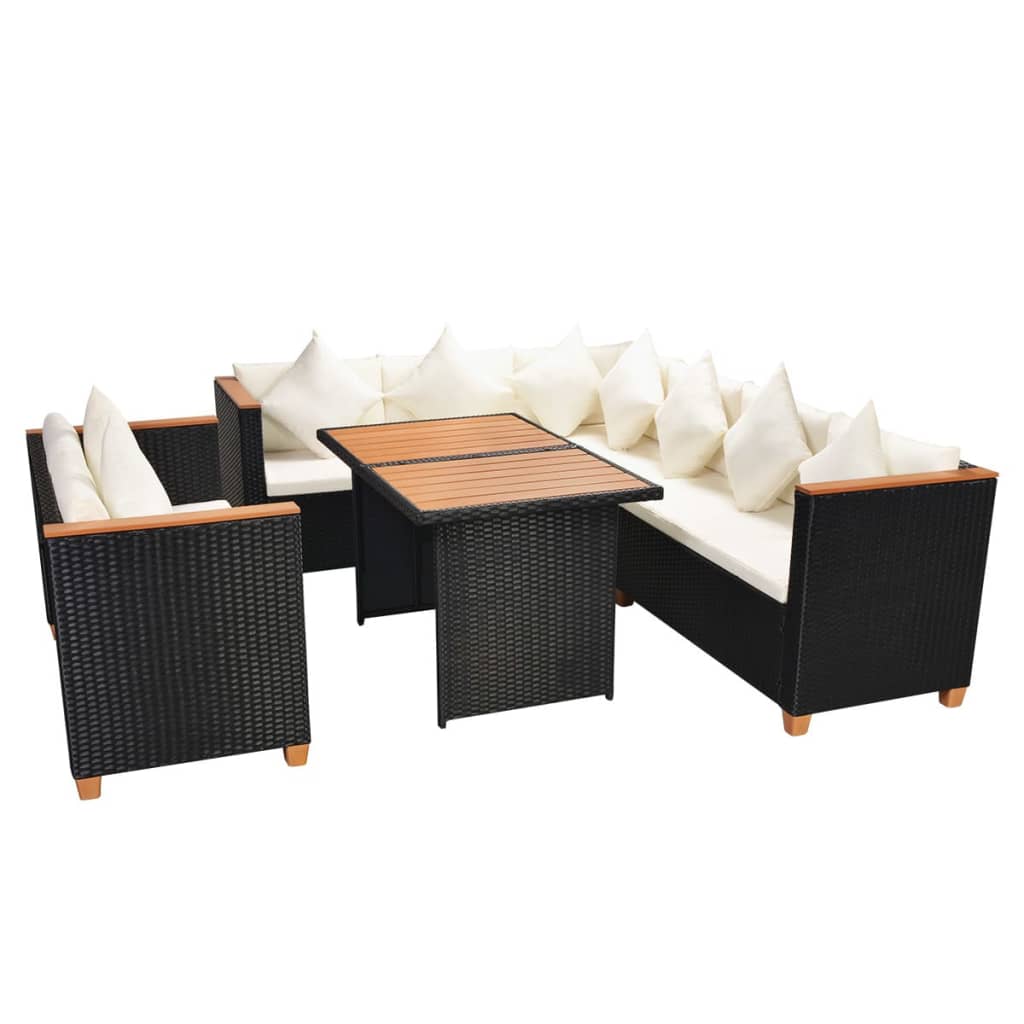 5 pcs conjunto lounge de jardim c/ almofadões vime PE preto