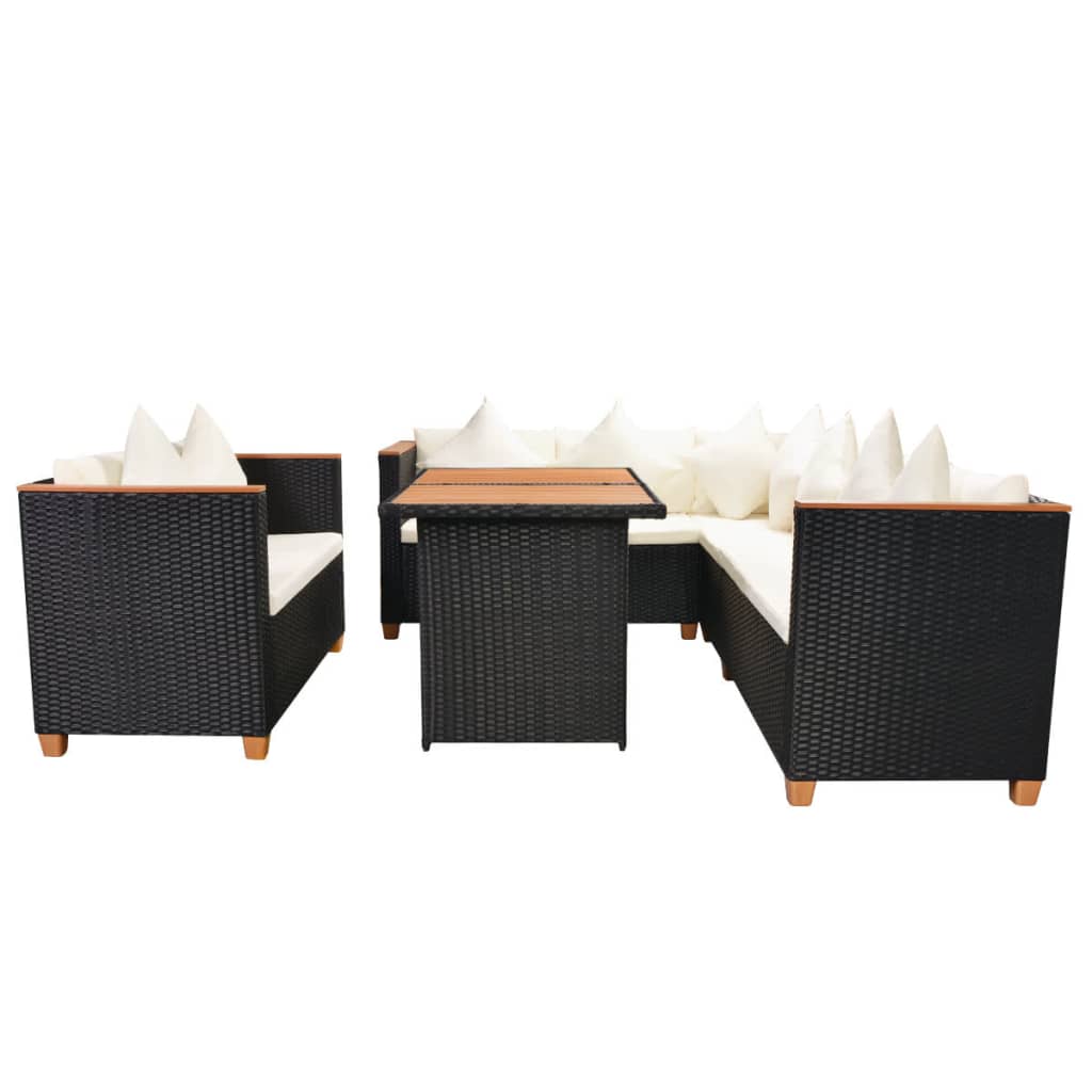 5 pcs conjunto lounge de jardim c/ almofadões vime PE preto