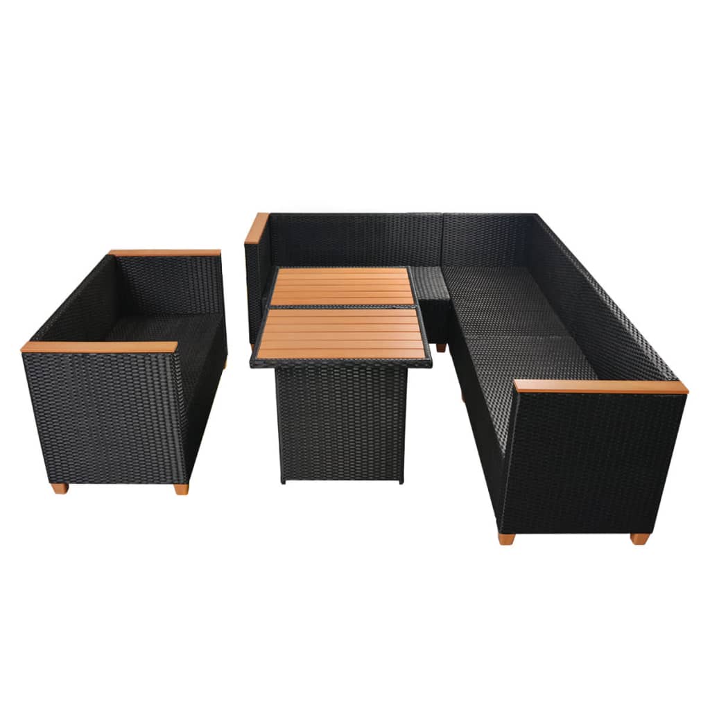 5 pcs conjunto lounge de jardim c/ almofadões vime PE preto
