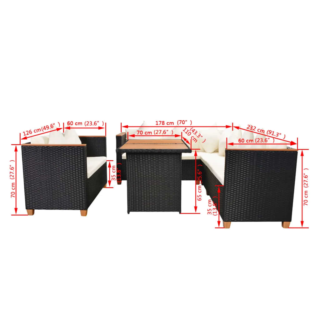 5 pcs conjunto lounge de jardim c/ almofadões vime PE preto