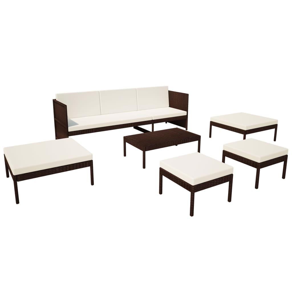 6 pcs conjunto lounge jardim c/ almofadões vime PE castanho