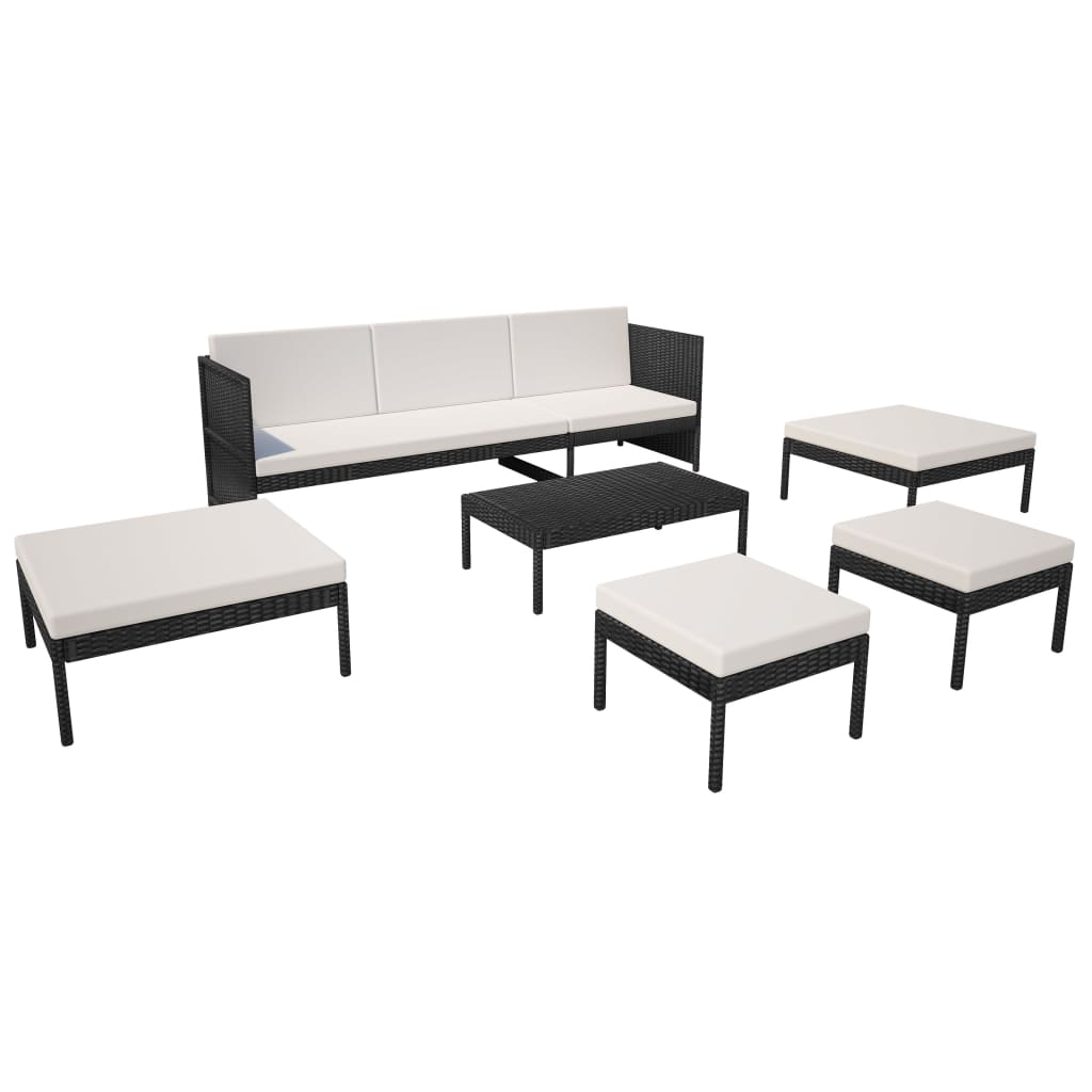 6 pcs conjunto lounge de jardim c/ almofadões vime PE preto