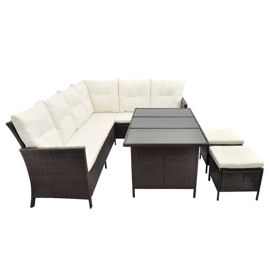 4 pcs conjunto lounge jardim c/ almofadões vime PE castanho