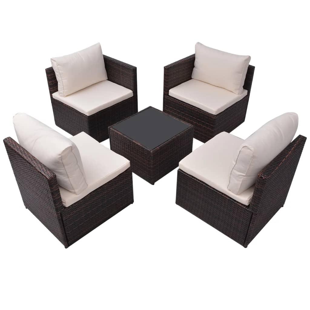 5 pcs conjunto lounge jardim c/ almofadões vime PE castanho
