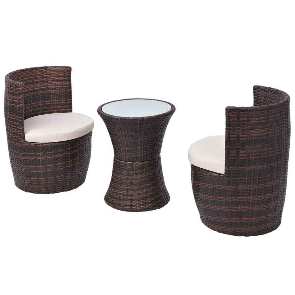 3 pcs conjunto bistrô com almofadas vime PE castanho