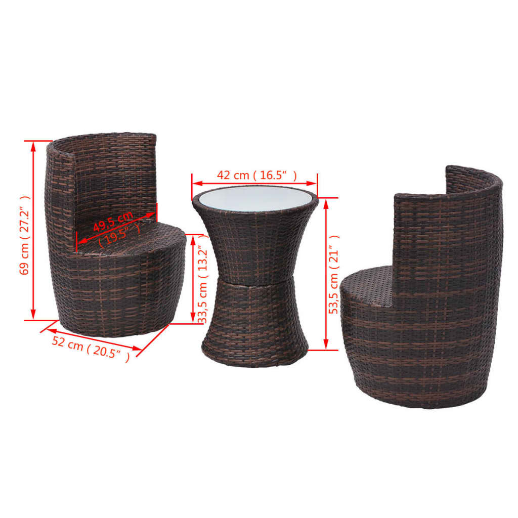 3 pcs conjunto bistrô com almofadas vime PE castanho