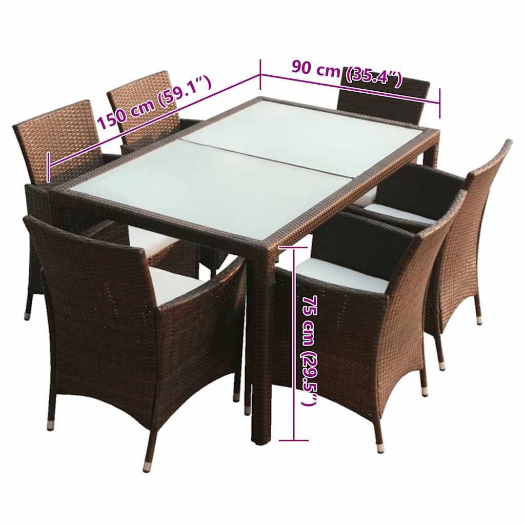 7 pcs conjunto jantar exterior com almofadões vime PE castanho