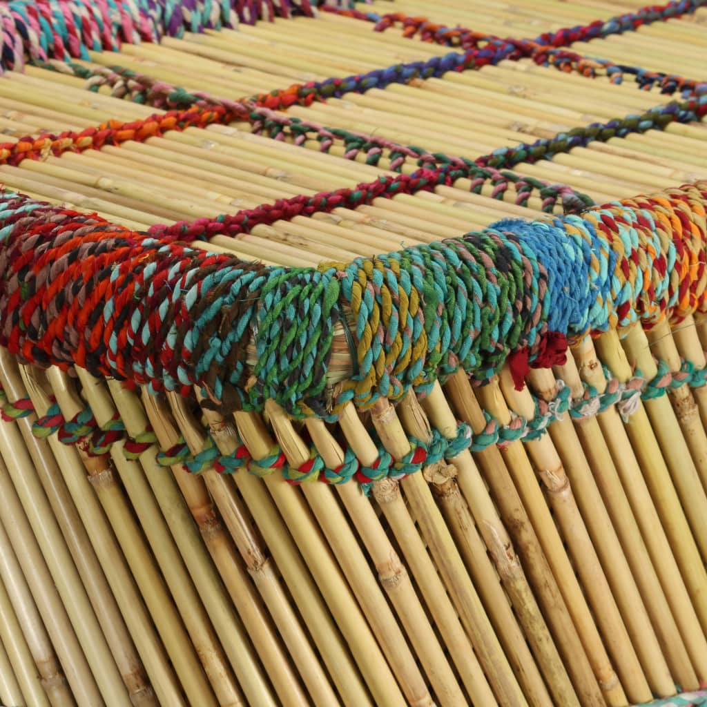 Mesa de centro em bambu com detalhes chindi multicor