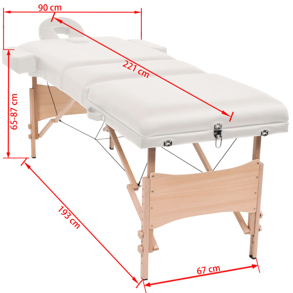 Mesa de massagens dobrável 3 zonas 10 cm espessura branco