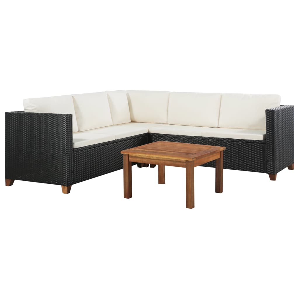 4 pcs conjunto lounge de jardim c/ almofadões vime PE preto