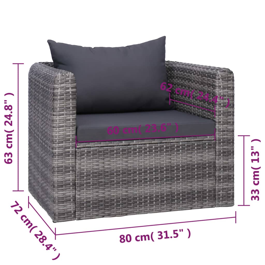 7 pcs sofás de jardim c/ almofadões+almofadas vime PE cinzento