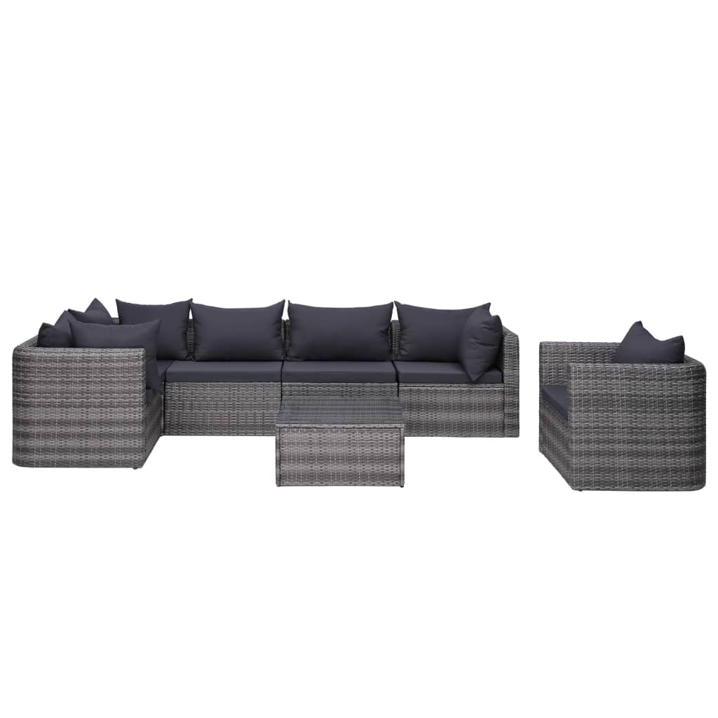 7 pcs sofás de jardim c/ almofadões+almofadas vime PE cinzento