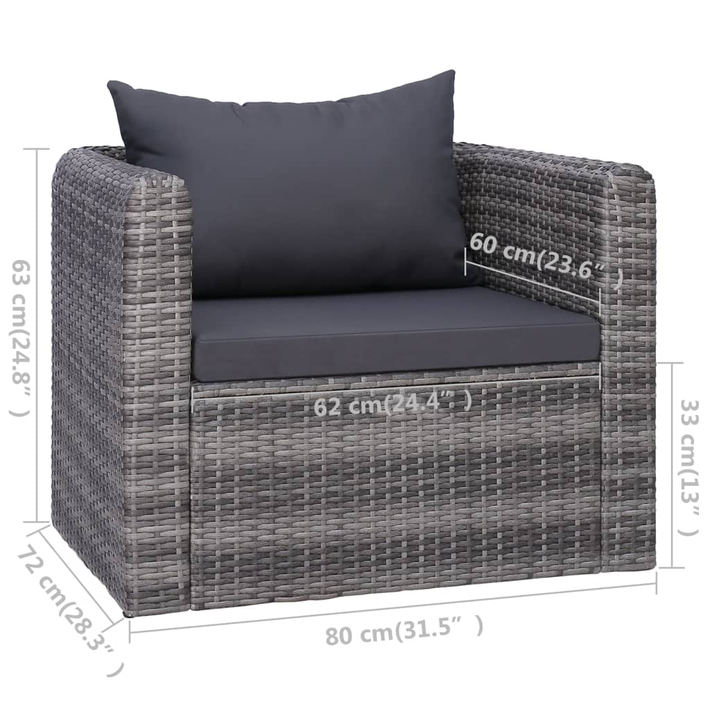 6 pcs sofás de jardim c/ almofadões+almofadas vime PE cinzento
