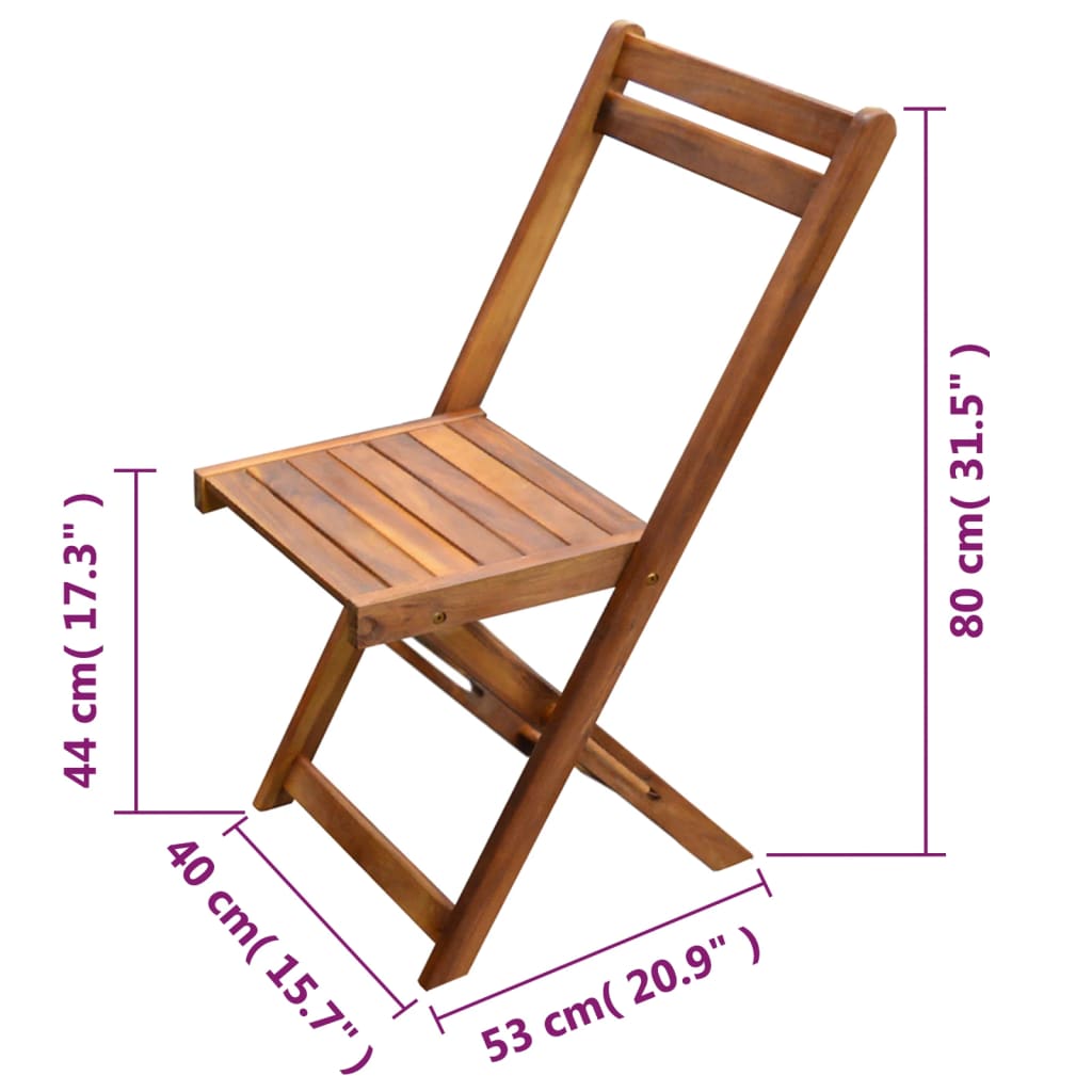 3 pcs conjunto bistrô dobrável madeira de acácia maciça