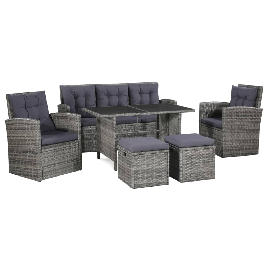 6 pcs conjunto lounge de jardim c/ almofadões vime PE cinzento