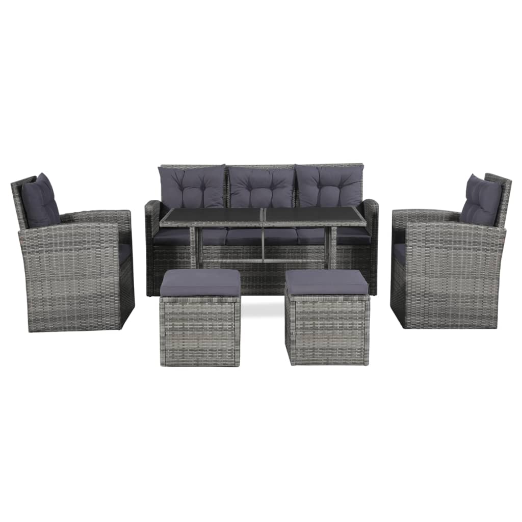 6 pcs conjunto lounge de jardim c/ almofadões vime PE cinzento