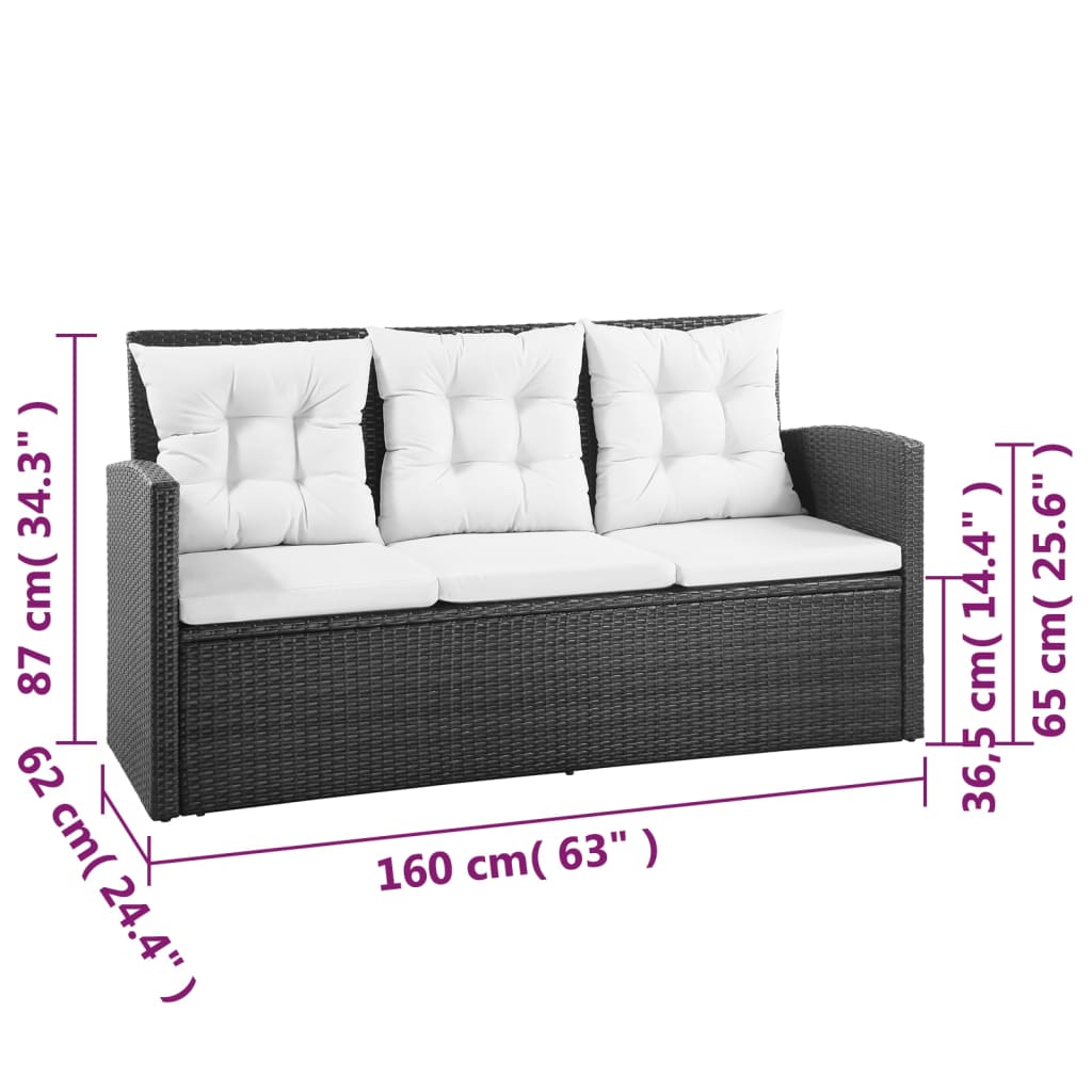 5 pcs conjunto lounge de jardim c/ almofadões vime PE preto