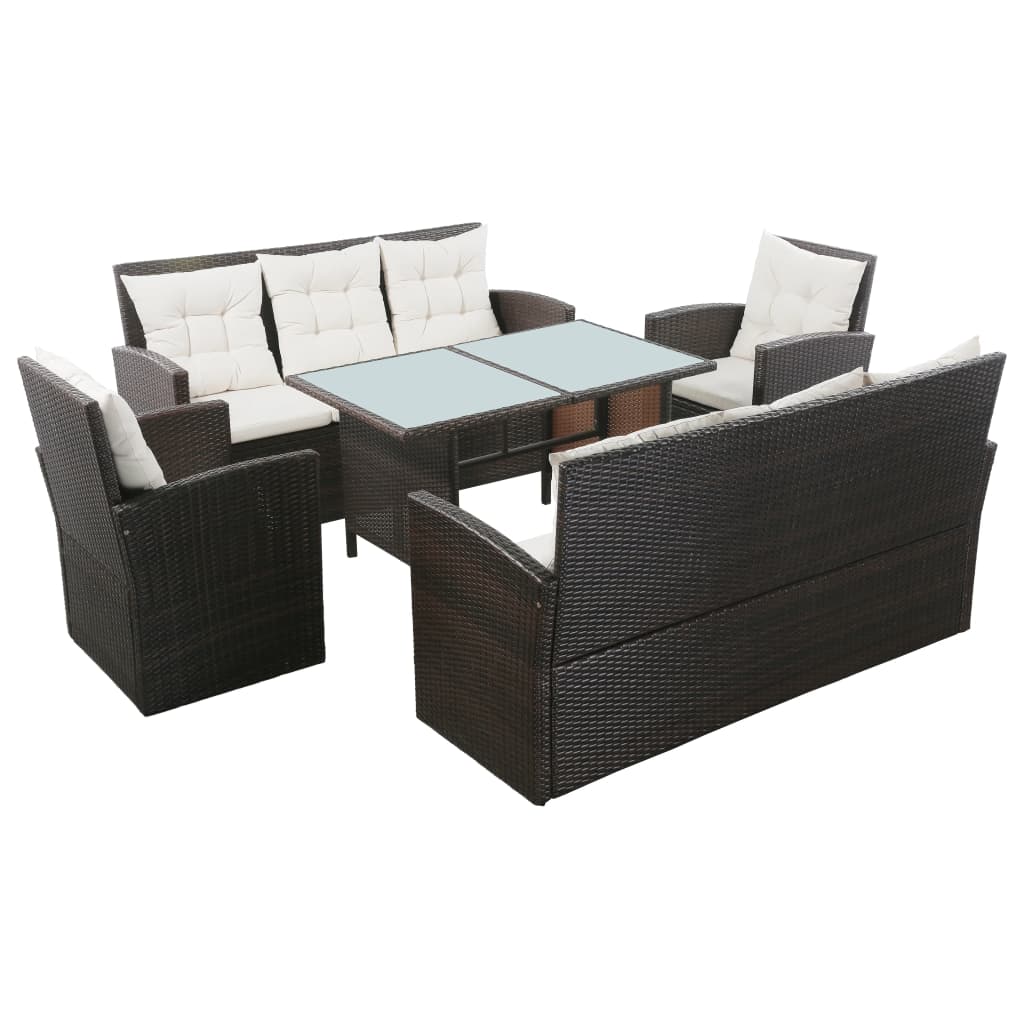 5 pcs conjunto lounge jardim c/ almofadões vime PE castanho