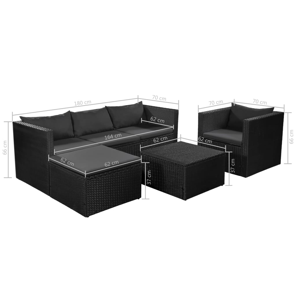 4 pcs conjunto lounge para jardim vime PE preto e cinzento