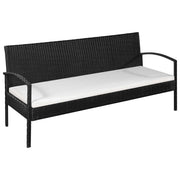 Sofá de jardim 3 lugares com almofadões vime PE preto