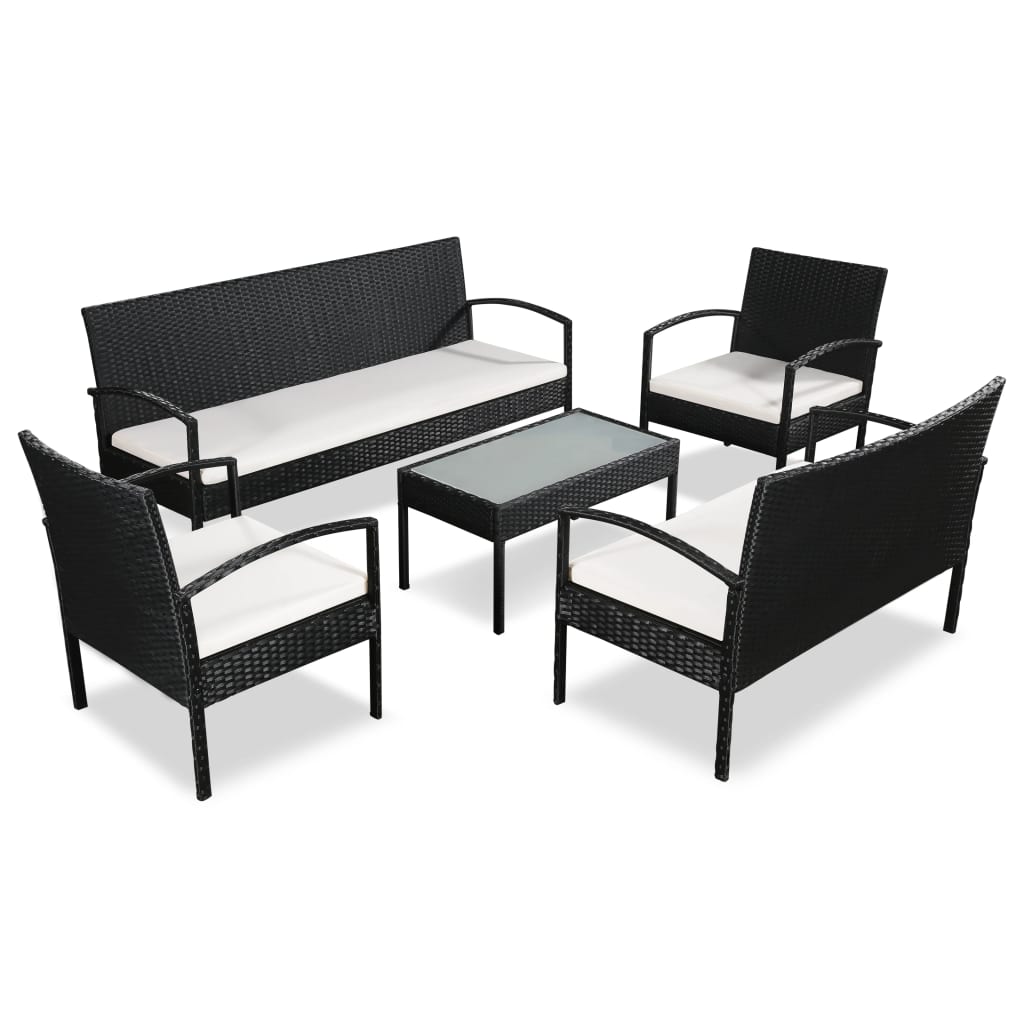 5 pcs conjunto lounge de jardim c/ almofadões vime PE preto