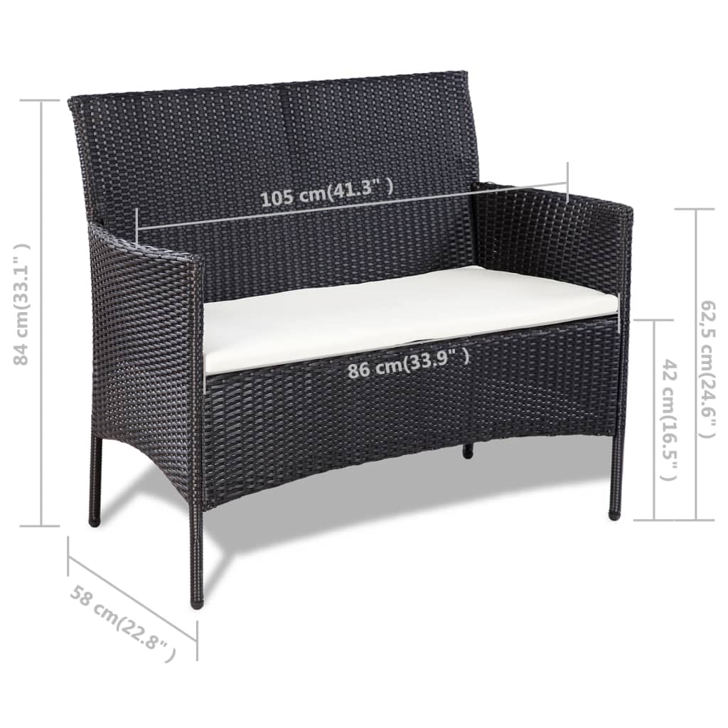 4 pcs conjunto lounge de jardim c/ almofadões vime PE preto