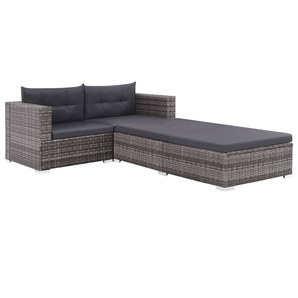 3 pcs conjunto lounge de jardim c/ almofadões vime PE cinzento