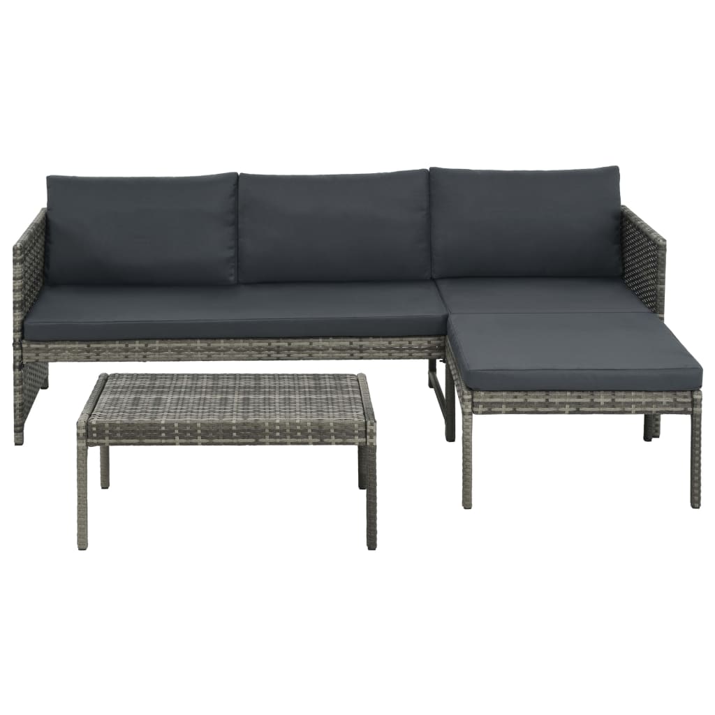 3 pcs conjunto lounge de jardim c/ almofadões vime PE cinzento