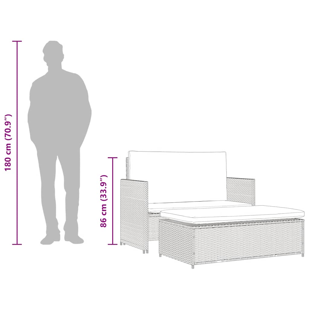 2 pcs conjunto lounge de jardim c/ almofadões vime PE cinzento