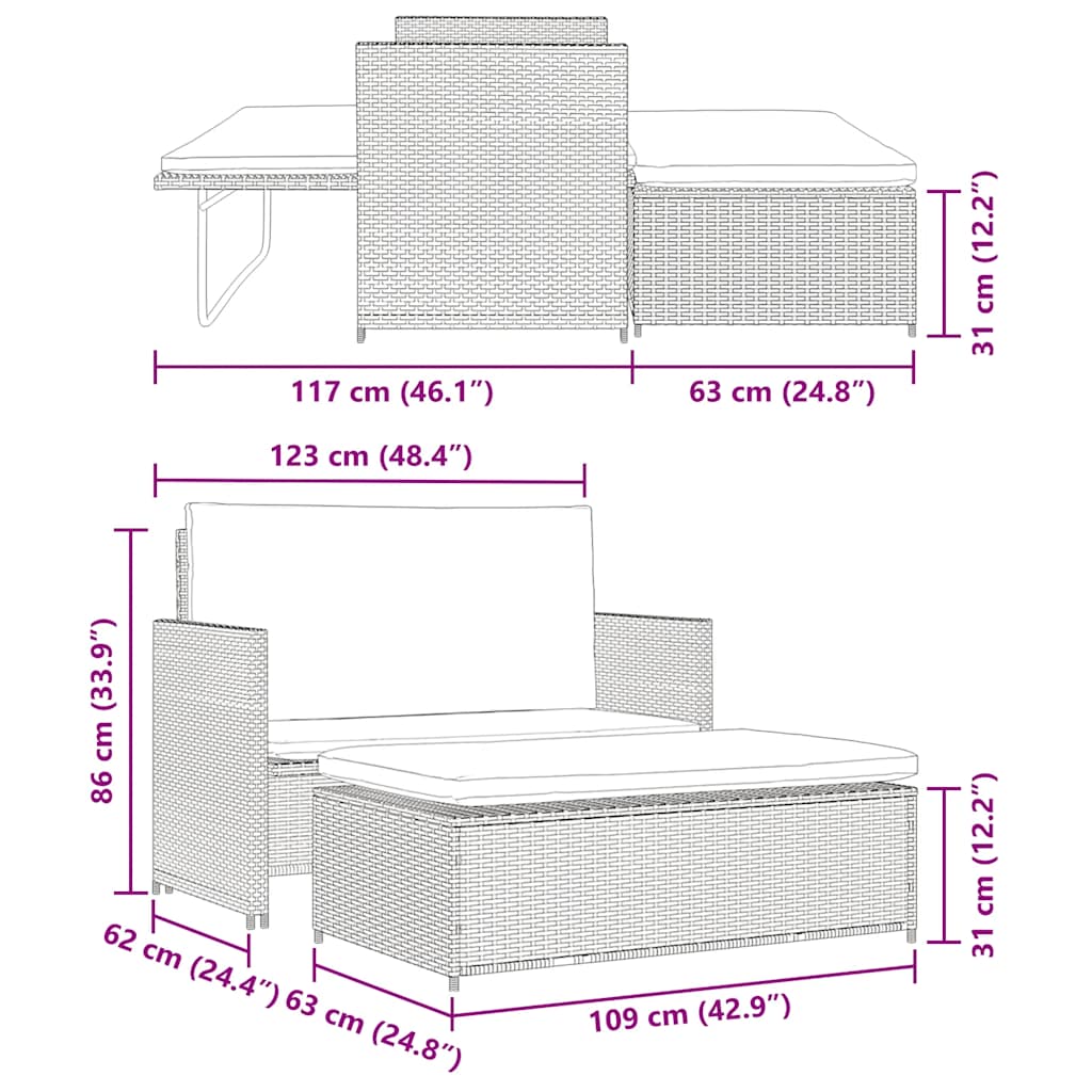 2 pcs conjunto lounge de jardim c/ almofadões vime PE cinzento