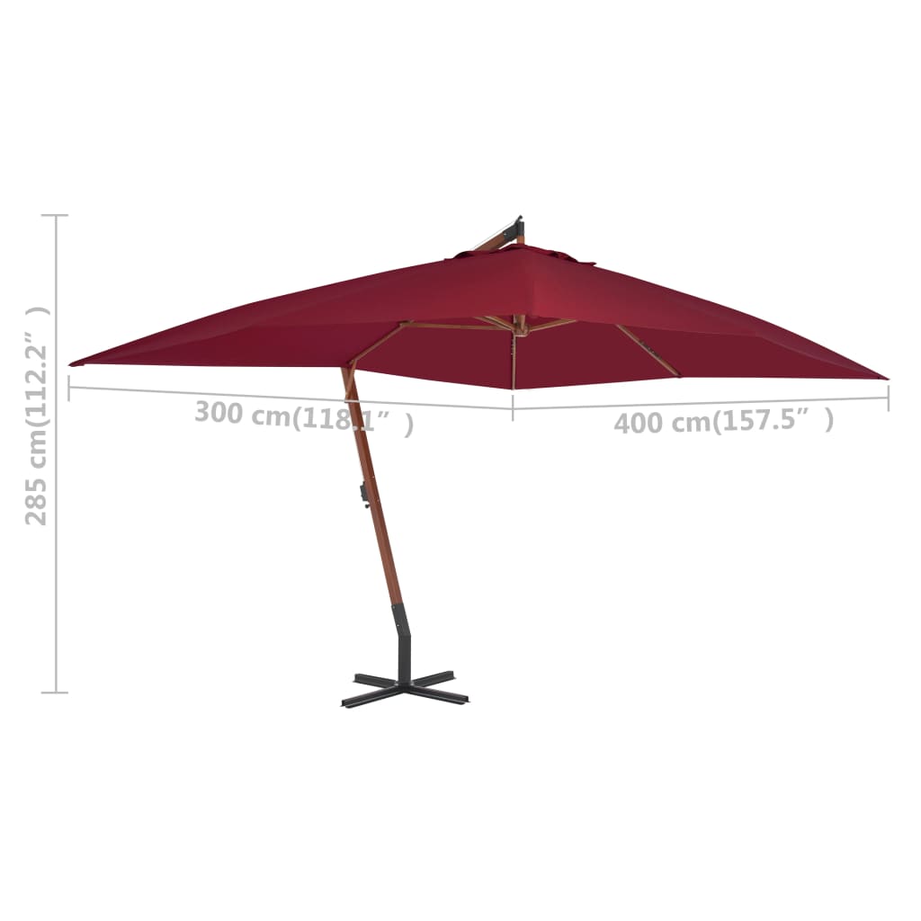 Guarda-sol jardim cantilever c/ poste madeira 400x300 cm bordô