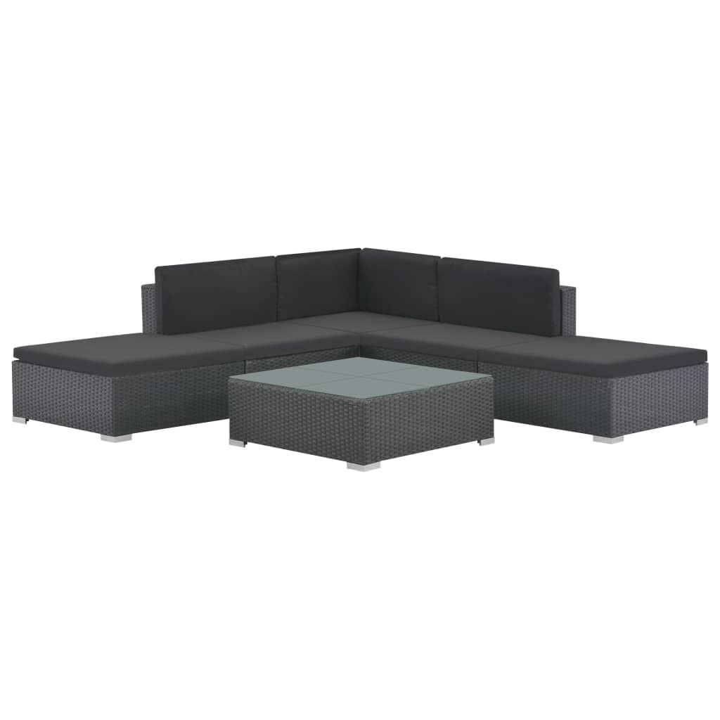 6 pcs conjunto lounge de jardim c/ almofadões vime PE preto