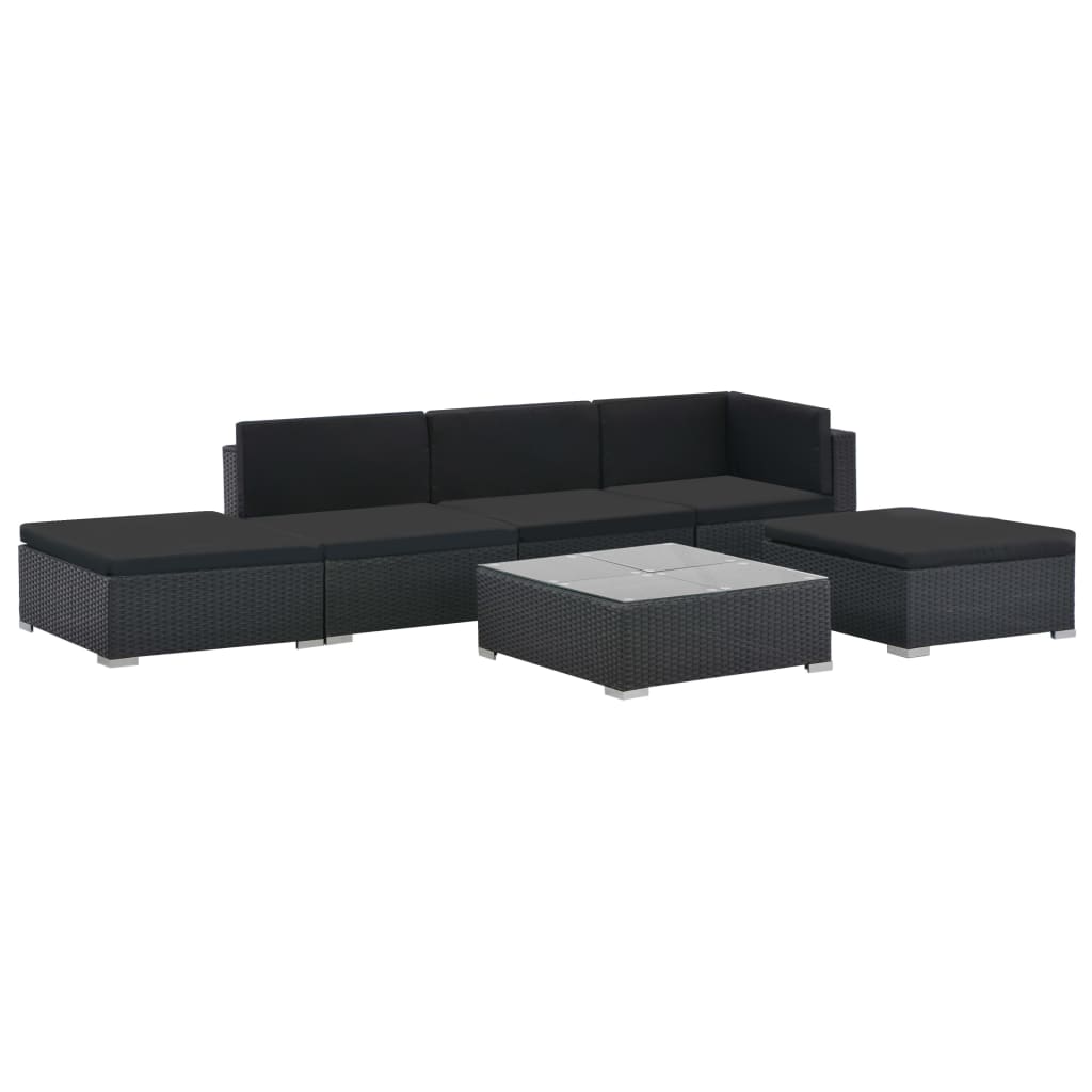 6 pcs conjunto lounge de jardim c/ almofadões vime PE preto