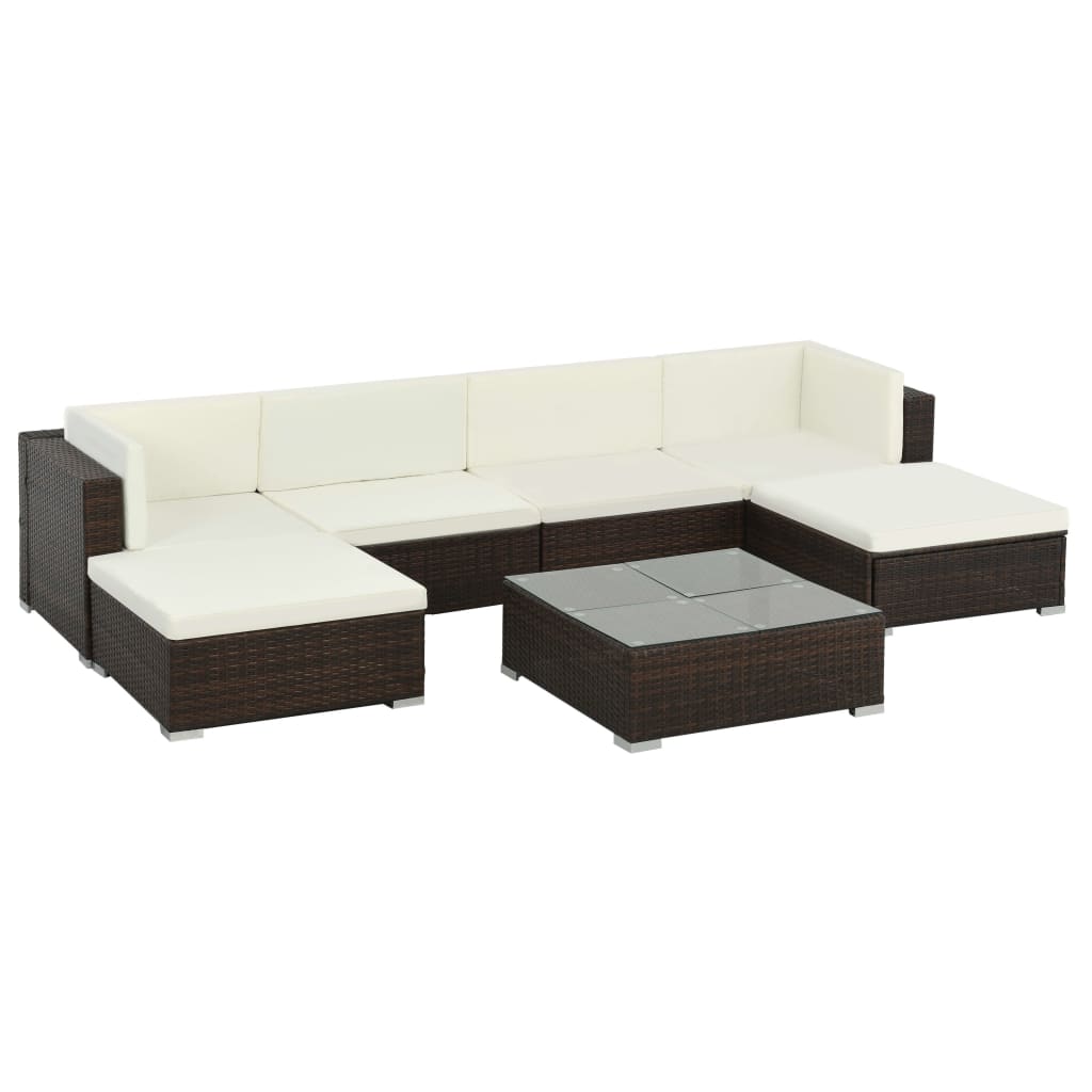 7 pcs conjunto lounge jardim c/ almofadões vime PE castanho
