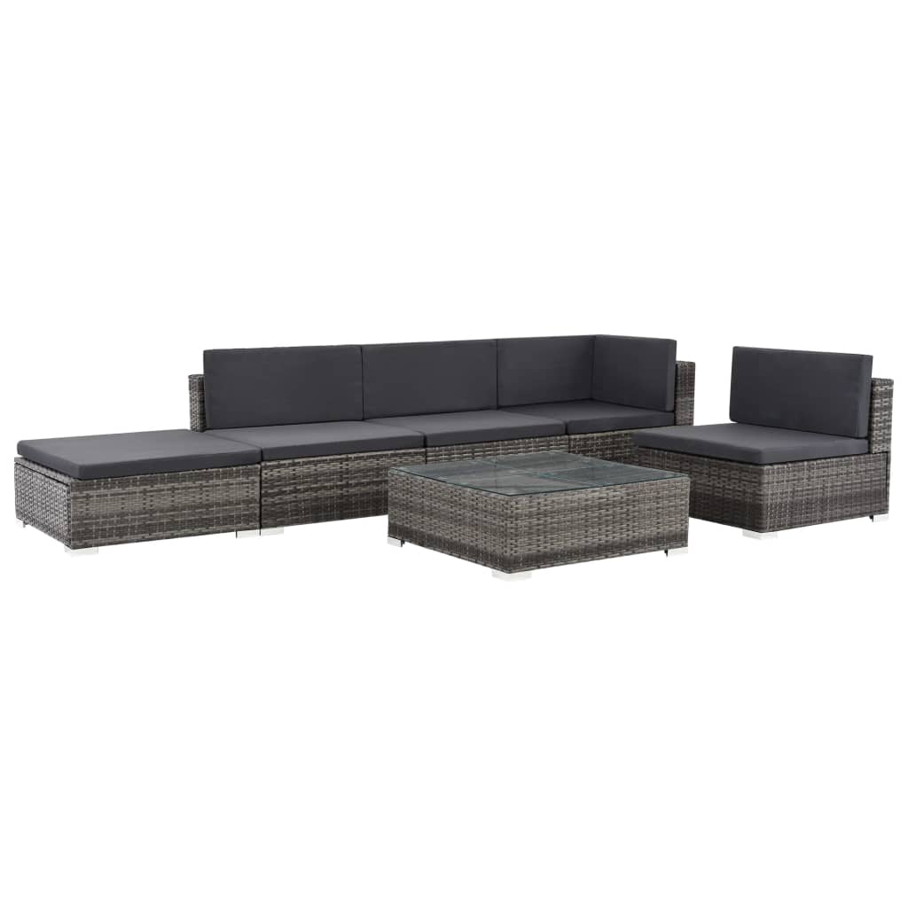 6 pcs conjunto lounge de jardim c/ almofadões vime PE cinzento