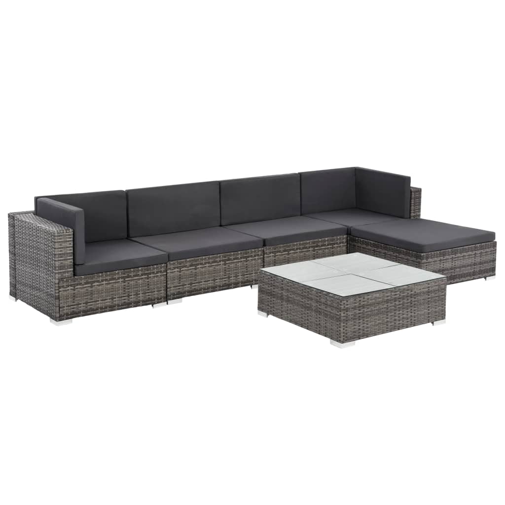 6 pcs conjunto lounge de jardim c/ almofadões vime PE cinzento