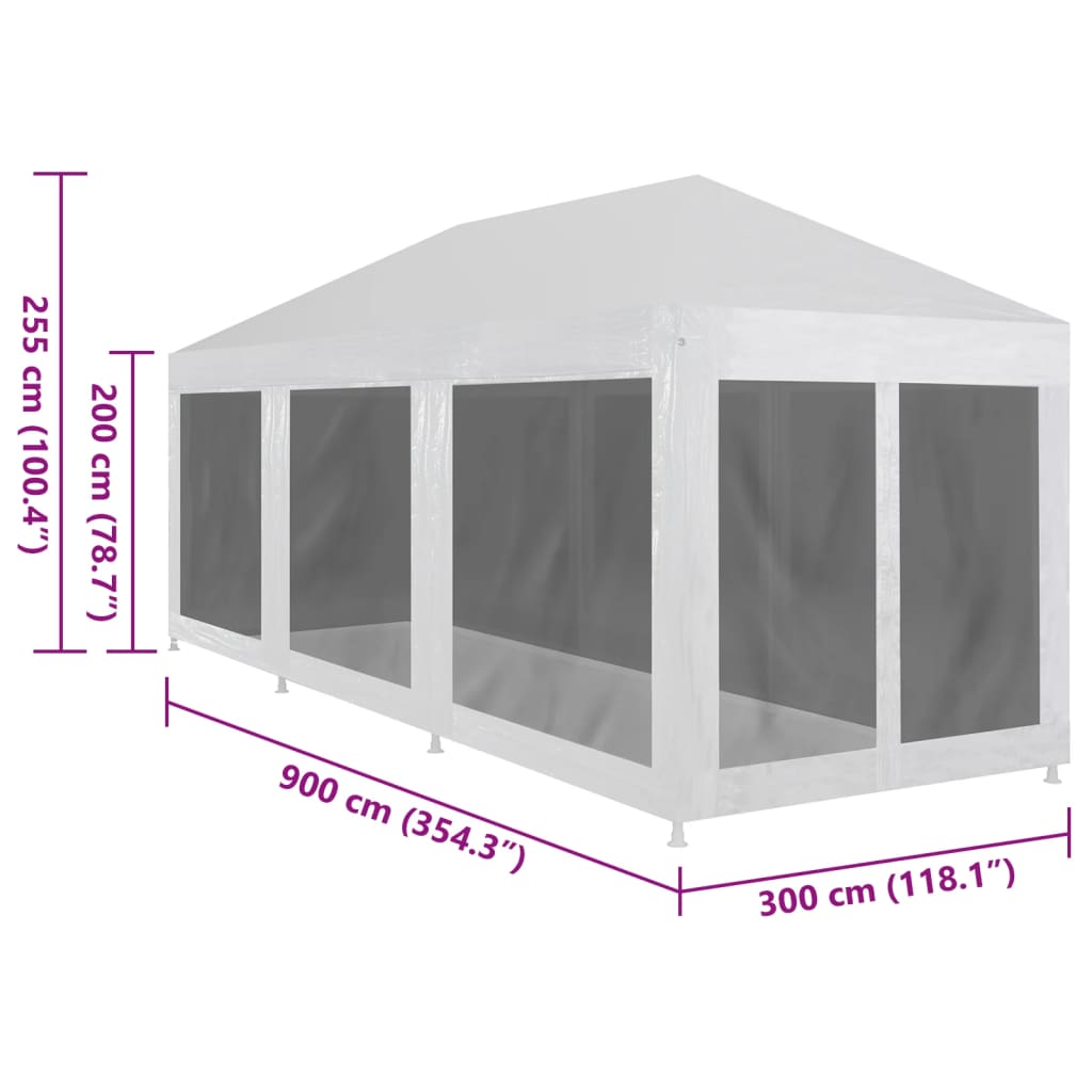 Tenda para festas com 8 paredes laterais em rede 9x3 m