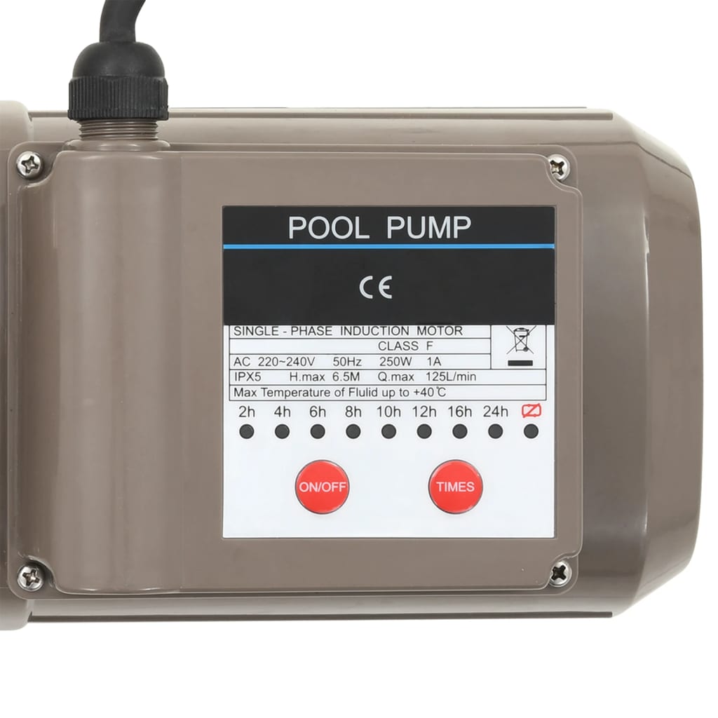 Bomba de piscina com temporizador preto 0,25 HP 8000 L/h