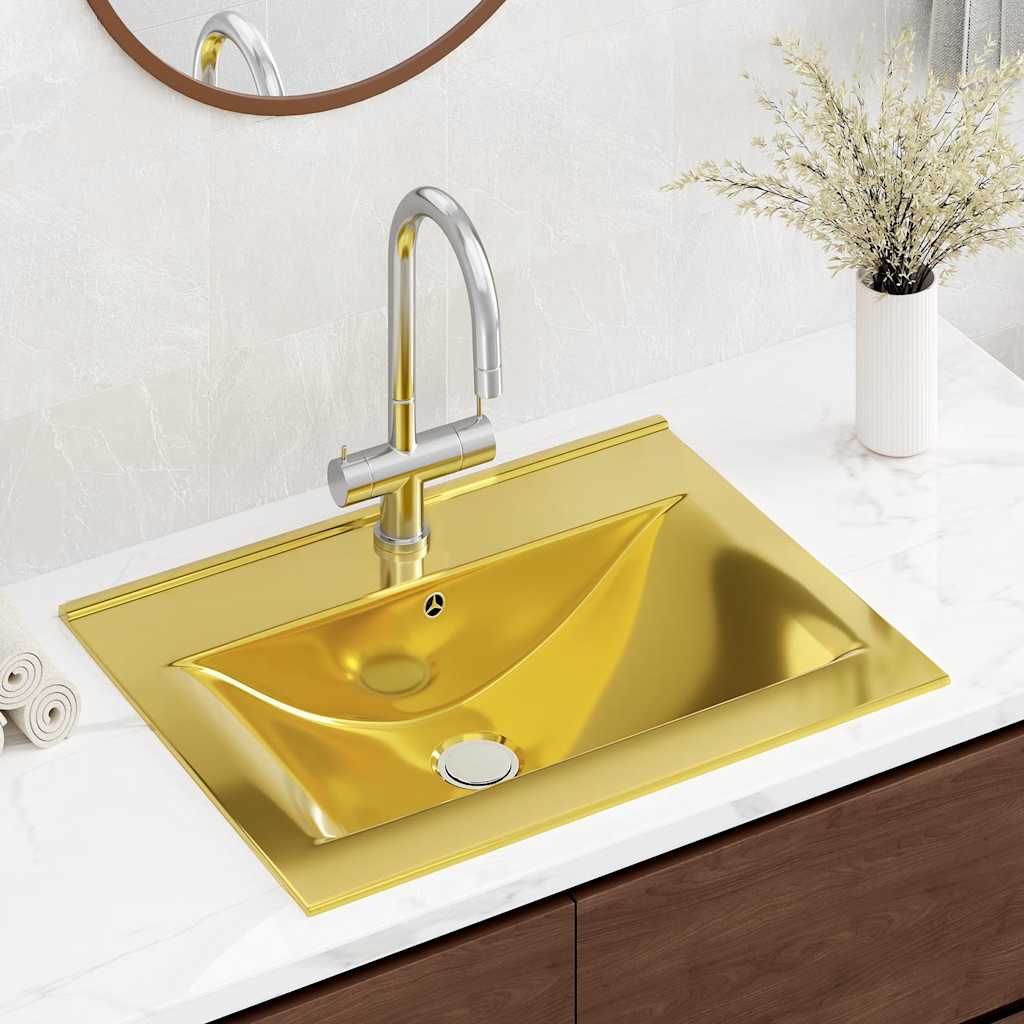 Lavatório com extravasamento 60x46x16 cm cerâmica dourado
