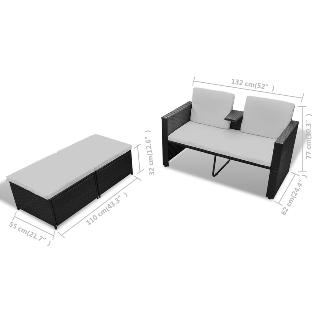 4 pcs conjunto lounge de jardim c/ almofadões vime PE preto