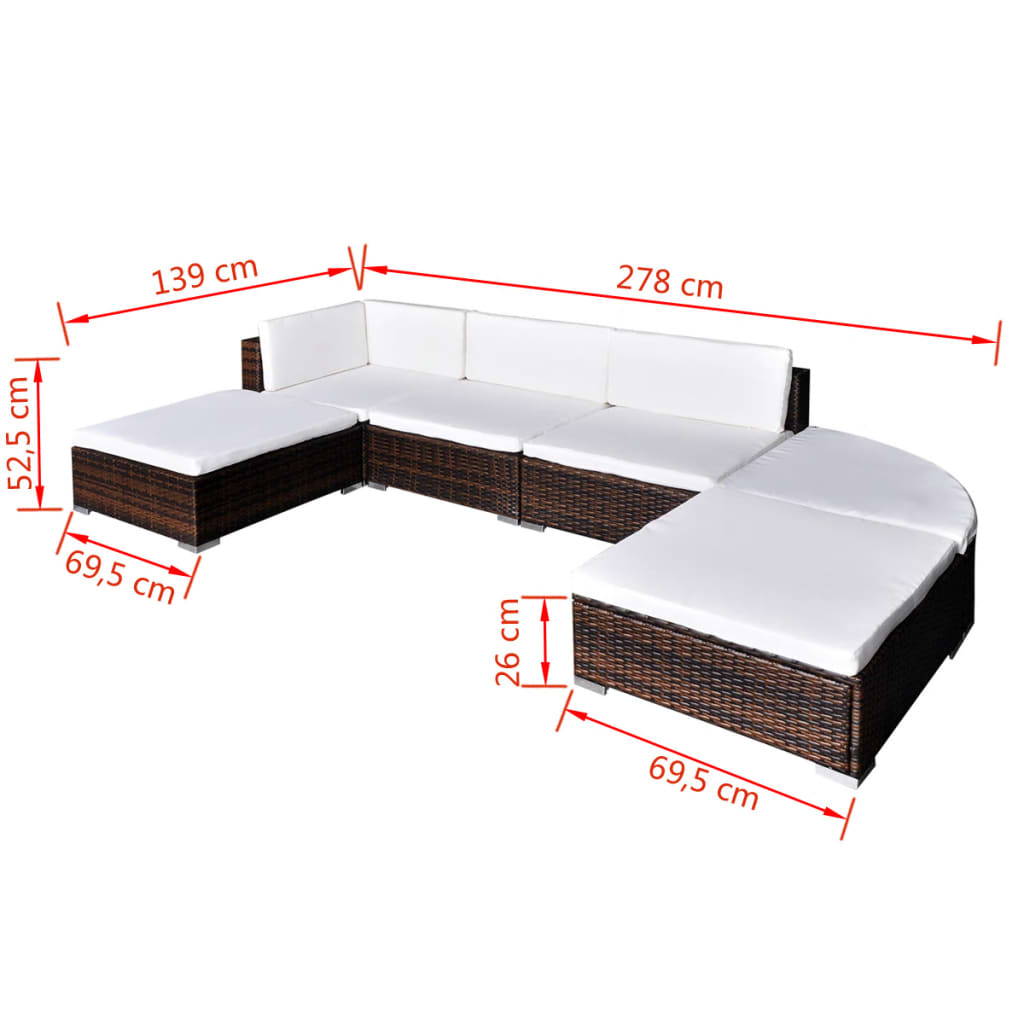 6 pcs conjunto lounge jardim c/ almofadões vime PE castanho