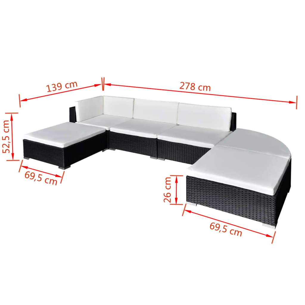 6 pcs conjunto lounge de jardim c/ almofadões vime PE preto