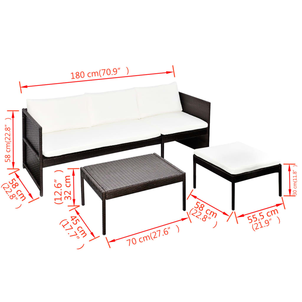 3 pcs conjunto lounge jardim c/ almofadões vime PE castanho