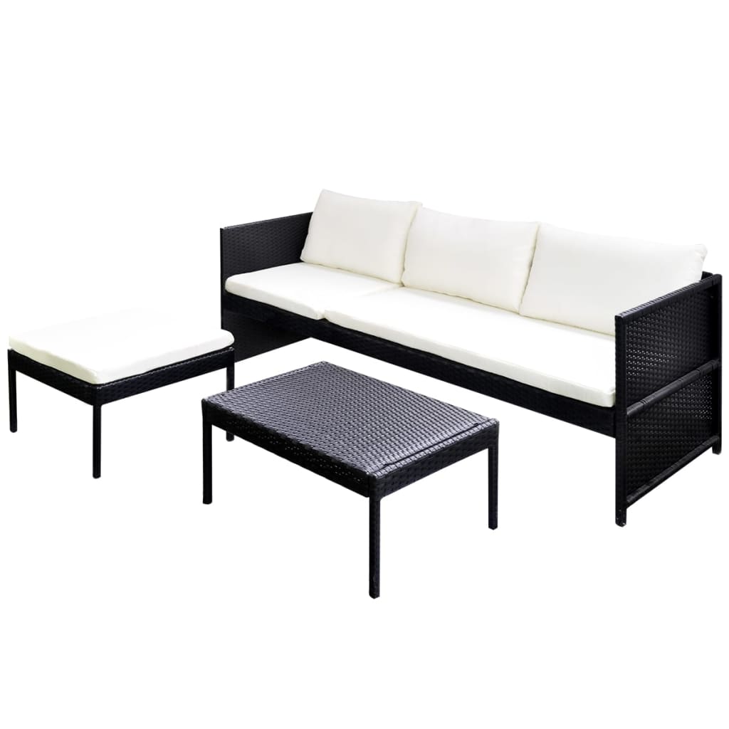 3 pcs conjunto lounge para jardim c/ almofadões vime PE preto